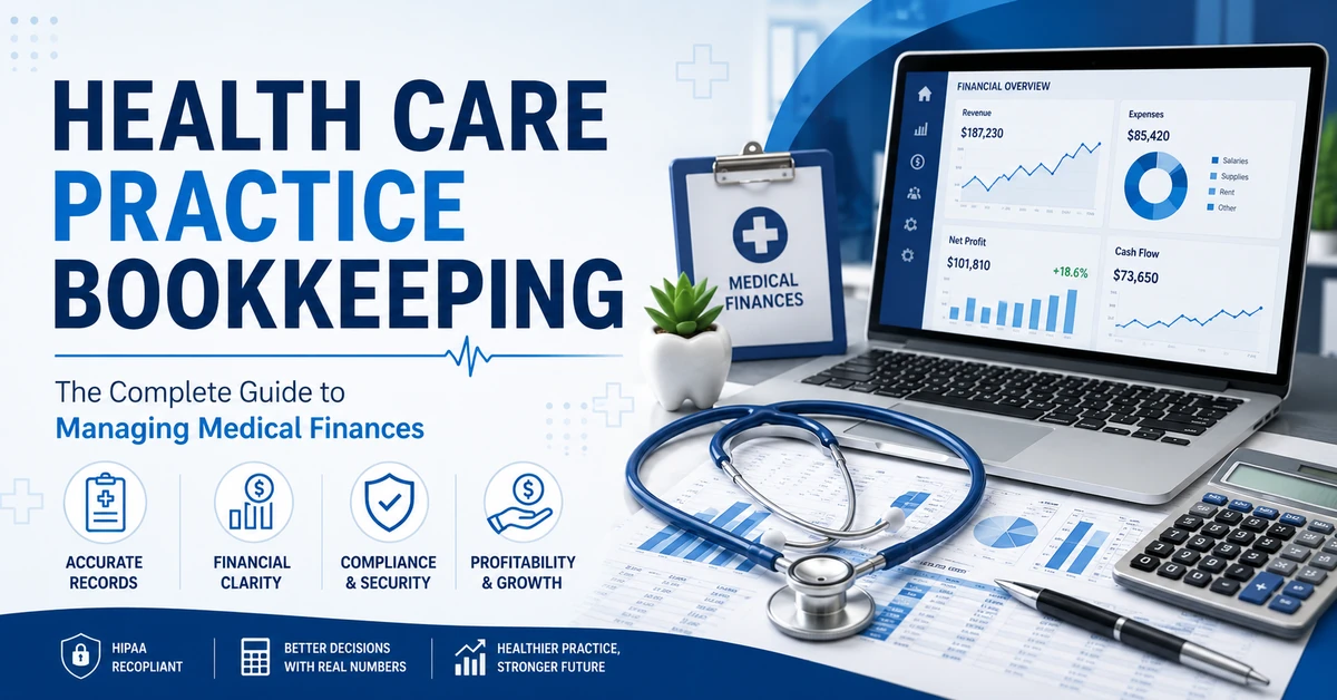 Healthcare Practice Bookkeeping guide banner featuring a medical professional working on financial reports for www.thetalentcompany.co