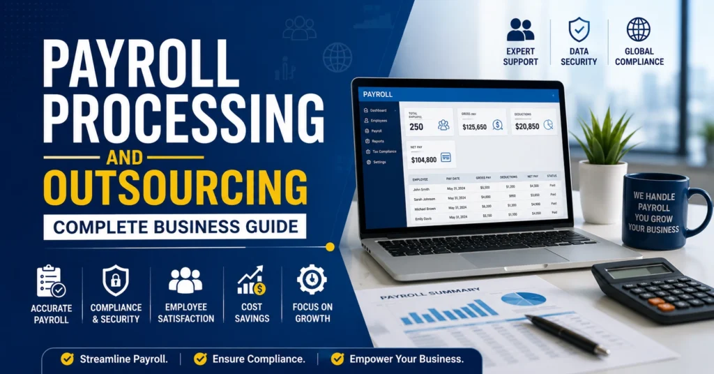Professional payroll processing & outsourcing management workspace displaying employee salary documents, digital tablet, calculator,
