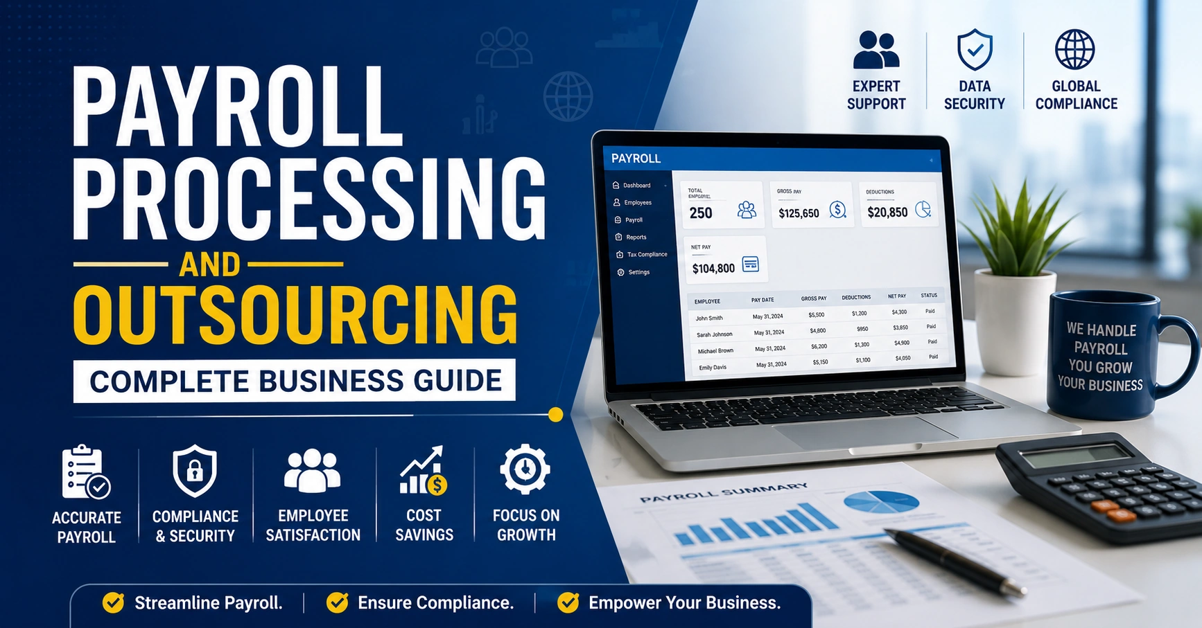 Professional payroll processing & outsourcing management workspace displaying employee salary documents, digital tablet, calculator,