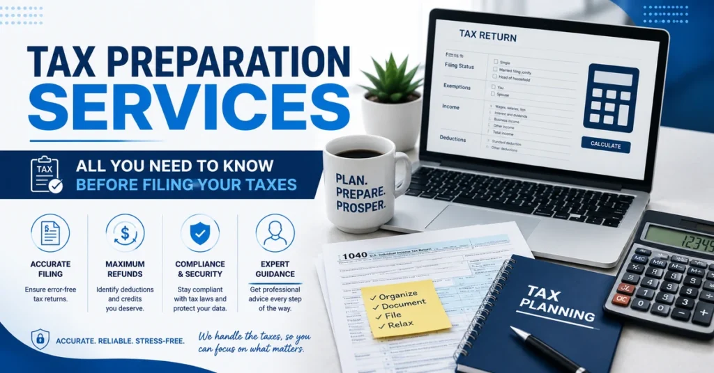 Tax Preparation Services workspace with financial documents, calculator, digital tablet, and website link www.thetalentcompany.co